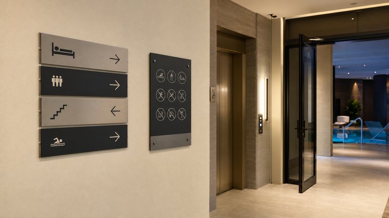 Señalética direccional de hotel junto a los ascensores