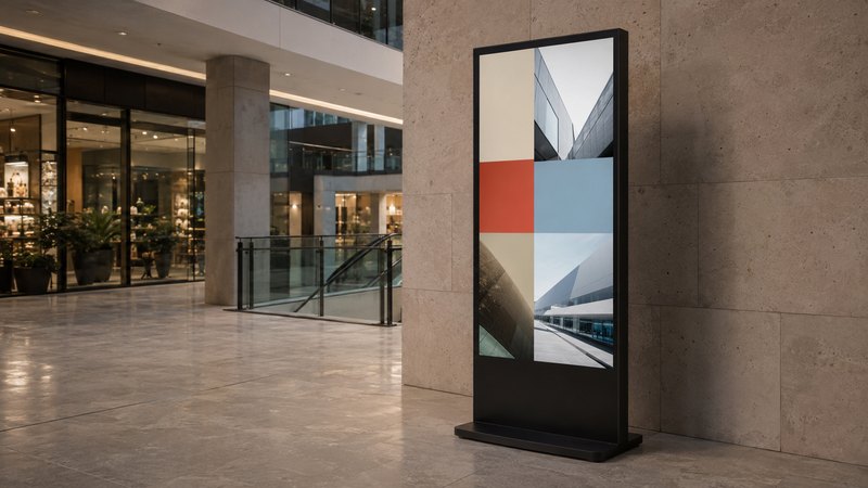 Tótem digital vertical en la zona común de un centro comercial