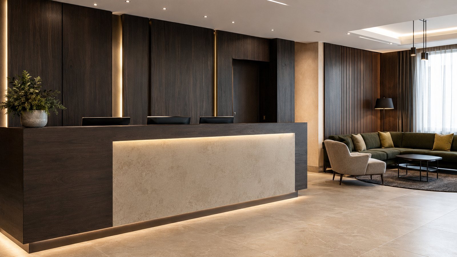 Recepción de hotel con revestimiento de lámina arquitectónica en madera y piedra