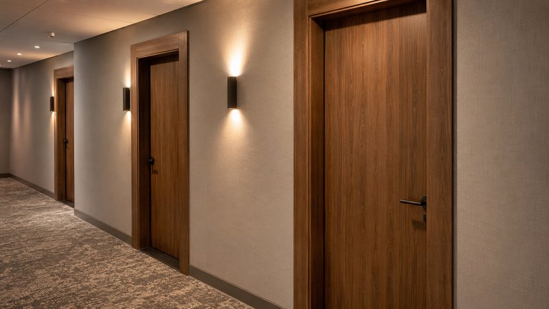 Pasillo de hotel con puertas y cercos revestidos en madera