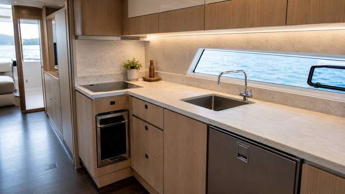 Cocina de embarcación con frentes de mueble revestidos