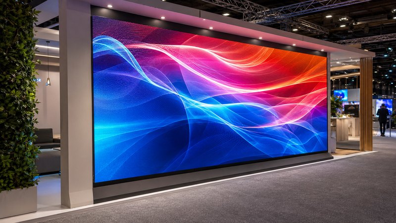 Pantalla LED de gran formato montada en un stand de feria